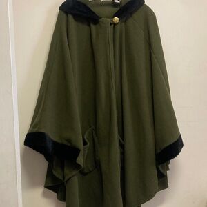 LeMODA/Olive Green Hooded Cape with Black faux fur Trim